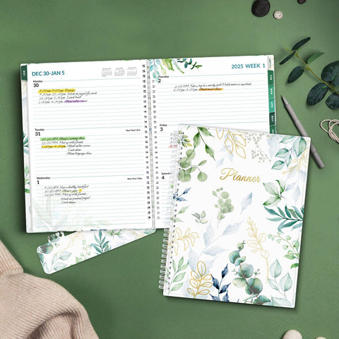 SUNEE 2025 Weekly and Monthly Planner - from January 2025 - December 2025, 8.5"x11" Daily Agenda Planner with Monthly Tab, Flexible Cover, Note Pages, Pockets, Bookmark, Spiral Binding, Eucalyptus