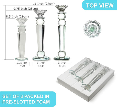 Allgala Set of 3 Crystal Glass Made Reverse Tapered Pillar and Hand Crafted Ball Candlesticks - 8.5,10,11 Inches -HD89154
