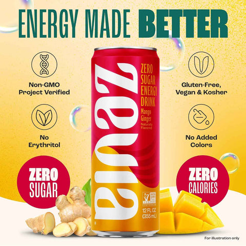 Zevia Zero Sugar Energy Drink, Mango Ginger, 12 oz Cans (12-Pack) – Naturally Sweetened, Zero Calorie Sugar Free Energy - Non-GMO Project Verified, Gluten-Free, Vegan