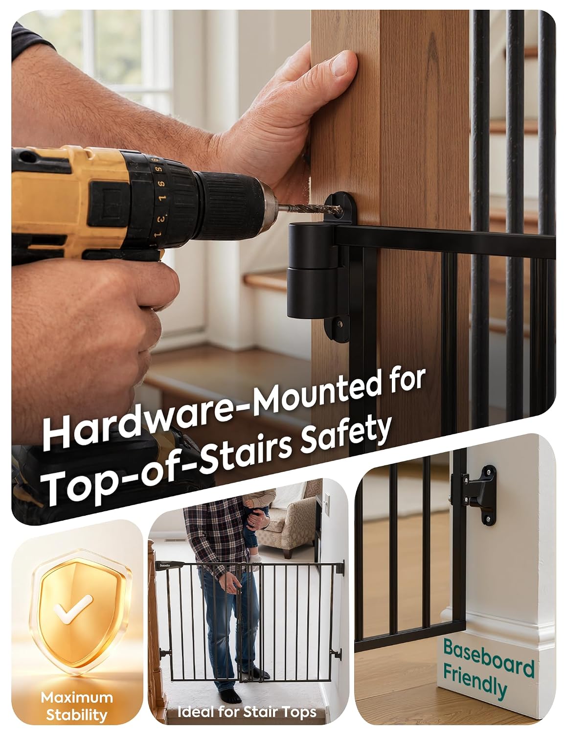 Babelio Baby Gate for Stairs & Doorways, 26-43" W 34" H Extra Tall| No Bottom Bar| Easy Installation| One-handed Operation| Auto-close| Hardware Mount (Drill Needed) Safety Dog/Pet Gate Indoor (Black)