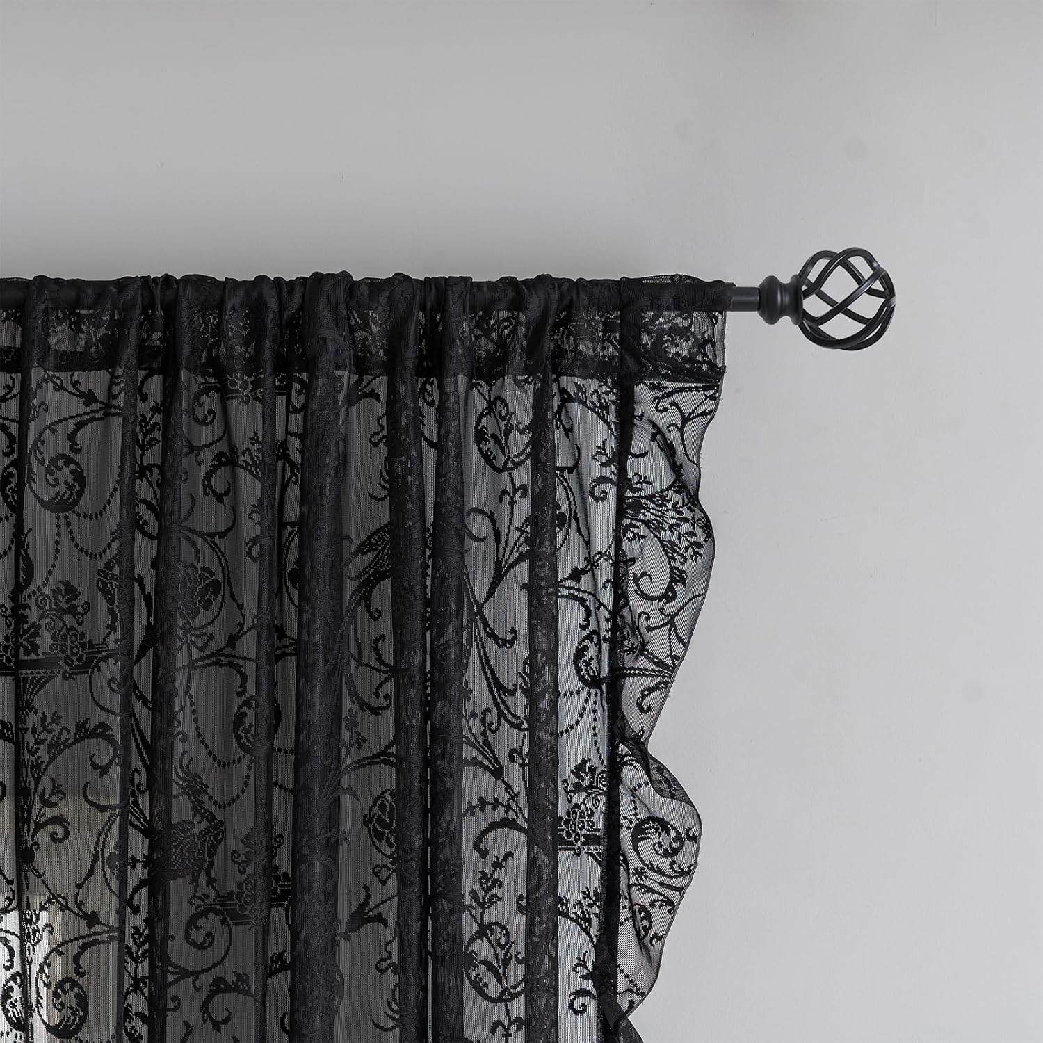 TUDECO Black Sheer Curtains 84 Inches Long - Shabby Chic Knitted Floral Halloween Decor, Lace Curtains Privacy Goth/Witchy Dark Window Treatments for Living Room Rod Pocket 1 Pair, 59 x 84 Inch