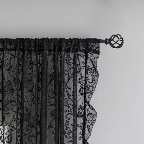 TUDECO Black Sheer Curtains 84 Inches Long - Shabby Chic Knitted Floral Halloween Decor, Lace Curtains Privacy Goth/Witchy Dark Window Treatments for Living Room Rod Pocket 1 Pair, 59 x 84 Inch