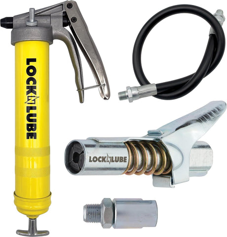LockNLube Premium Pistol Grip Grease Gun with 20" Hose, Inline Swivel, and our patented LockNLube® Grease Coupler
