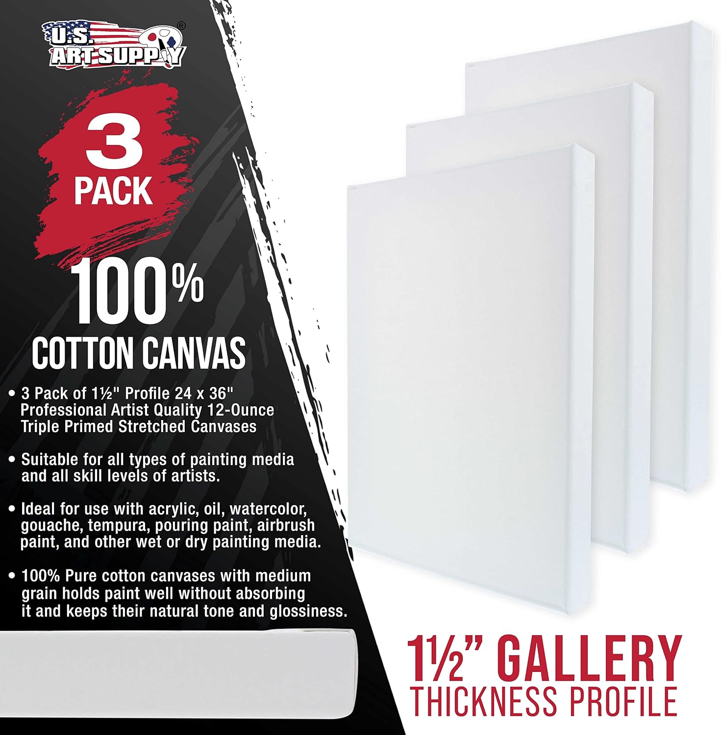 U.S. Art Supply 24"x36" Stretched Canvas for Painting, Gallery Depth 3-Pack