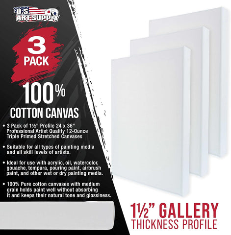 U.S. Art Supply 24"x36" Stretched Canvas for Painting, Gallery Depth 3-Pack