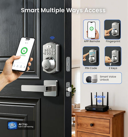 Veise VE012W-L WiFi Fingerprint Deadbolt Lock with Handle Set, Satin Nickel