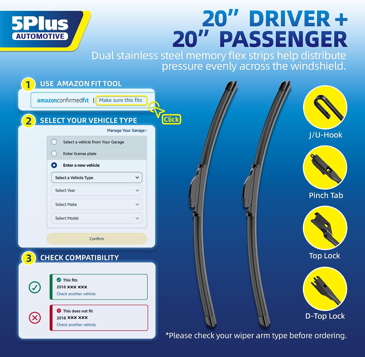 5 PLUS 20" and 20" Windshield Wipers Blades 2 Pack,All-Weather Performance
