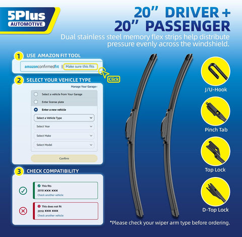 5 PLUS 20" and 20" Windshield Wipers Blades 2 Pack,All-Weather Performance