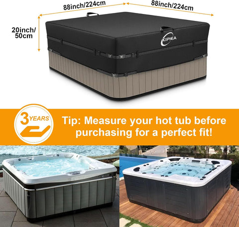 Kipiea 600D Outdoor Waterproof Square Hot Tub Cover Protector, Heavy Duty Polyester SPA Covers UV Protection Cover 88" L x 88" W x 20" H, Black