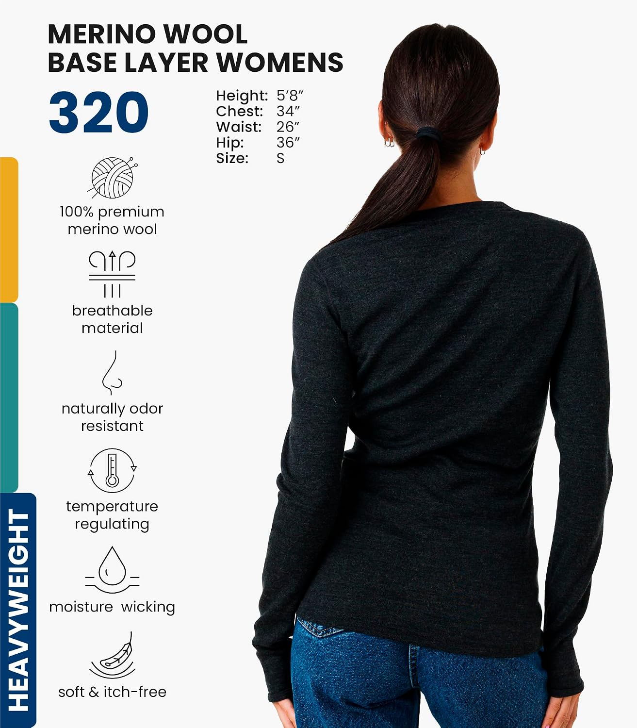 100% Merino Wool Base Layer Women - Long Sleeve Thermal Shirt with Socks