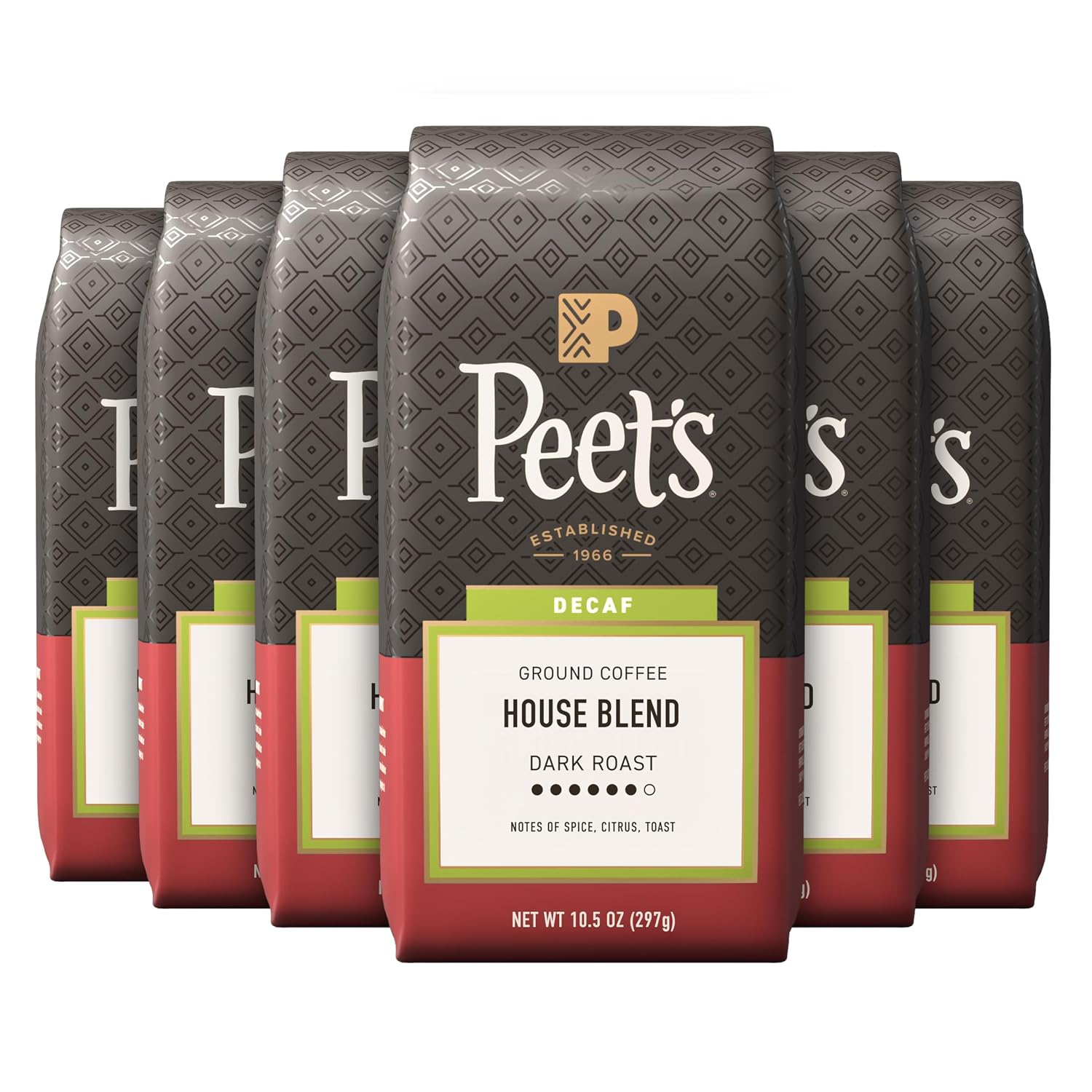 Peet's Coffee, Dark Roast Ground Coffee, Decaffeinated Arabica Coffee - Decaf House Blend 63 Ounces (6 Bags of 10.5 Ounces)