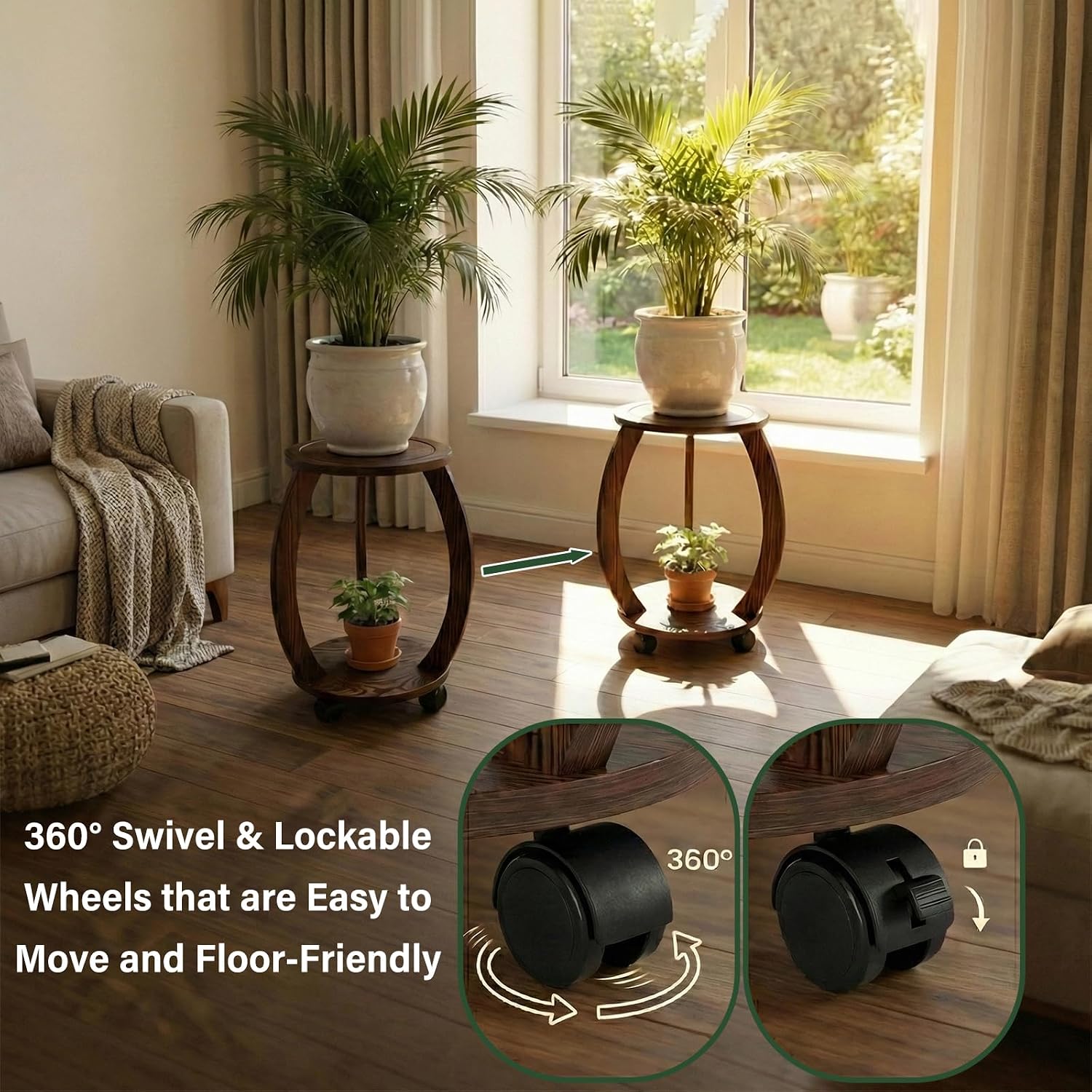 2 Pack 2 Tier Wooden Plant Stand Indoor with Wheels – Tall Plant Stand for 6-12 Inch Pots, Mid-Century Modern Rustic Plant Table Indoor, Pedestal Stand for Corner, Living Room, Balcony