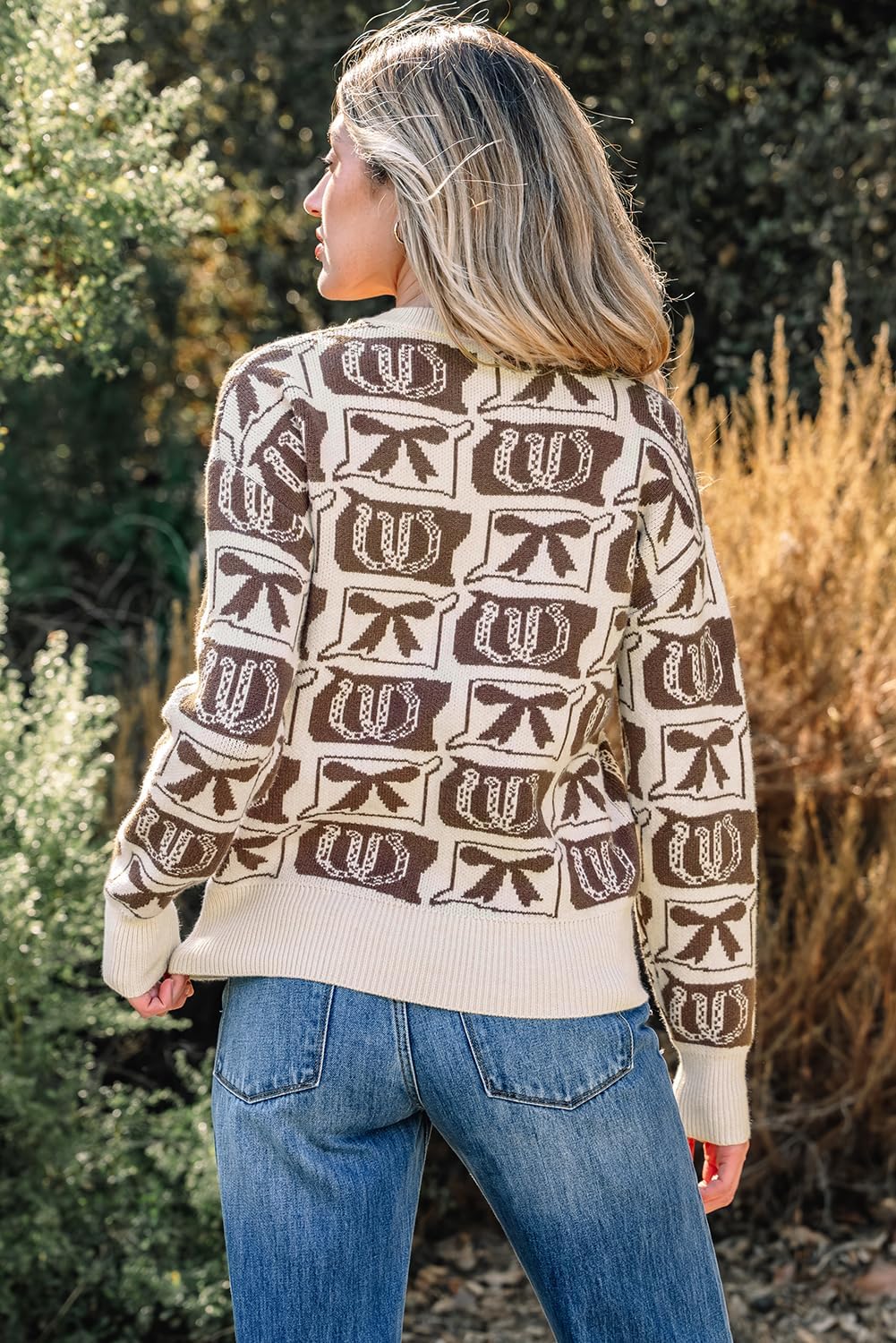 Womens Western Pullover Sweaters Knit Long Sleeve Crew Neck Boho Drop Shoulder Bows & Horseshoes 2026 Fall Tops
