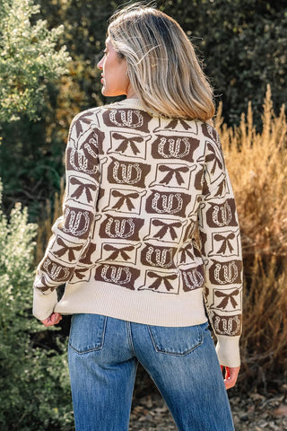 Womens Western Pullover Sweaters Knit Long Sleeve Crew Neck Boho Drop Shoulder Bows & Horseshoes 2026 Fall Tops