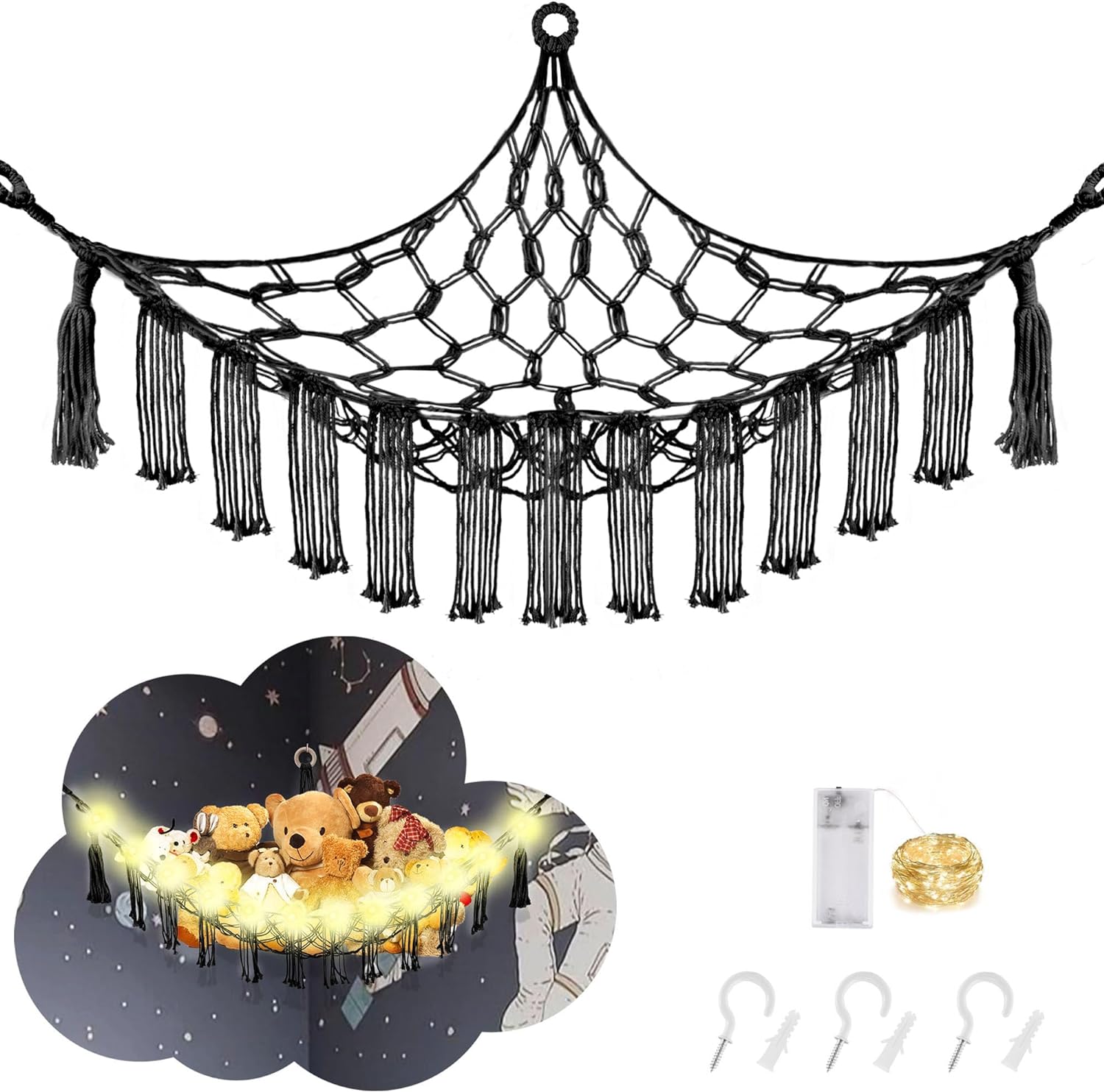 CERETIA Stuffed Animal Hammock Large Corner Plushie Net Storage, Black