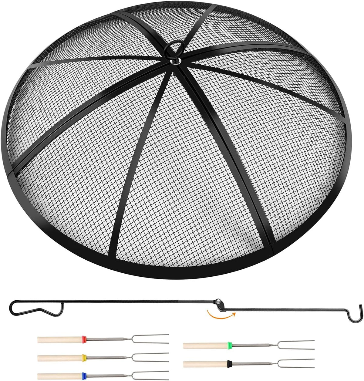 Fire Pit Spark Screen, Outdoor 36 Inch Round Fire Pit Screen with Foldable Hook and Marshmallow Sticks, Heavy Duty Steel Mesh Fire Pit Cover for Backyard, Beach, RV Camping