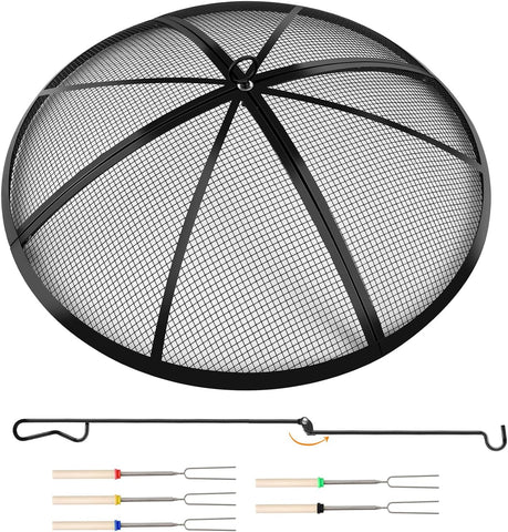 Fire Pit Spark Screen, Outdoor 36 Inch Round Fire Pit Screen with Foldable Hook and Marshmallow Sticks, Heavy Duty Steel Mesh Fire Pit Cover for Backyard, Beach, RV Camping