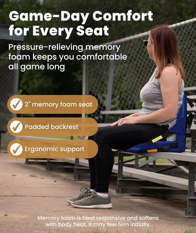 Everlasting Comfort Stadium Seats with Back Support - Adjustable Memory Foam Bleacher Chairs with Back and Cushion, Portable, Easy Folding Stadium Seat Cushion with Storage Pocket (Reinforced)