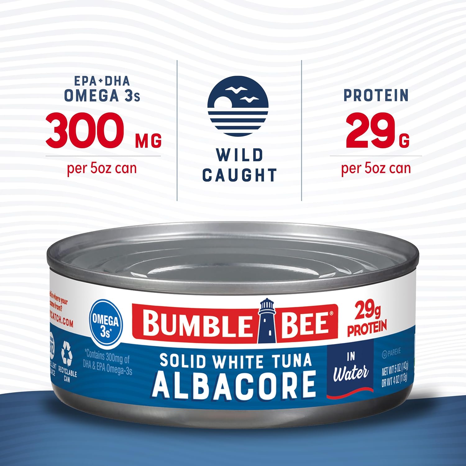 Bumble Bee Solid White Albacore Tuna in Water, 5 oz (Pack of 24) | Wild Caught Tuna, 29g Protein per Can, High in Omega-3s, Non-GMO, Gluten Free, Kosher