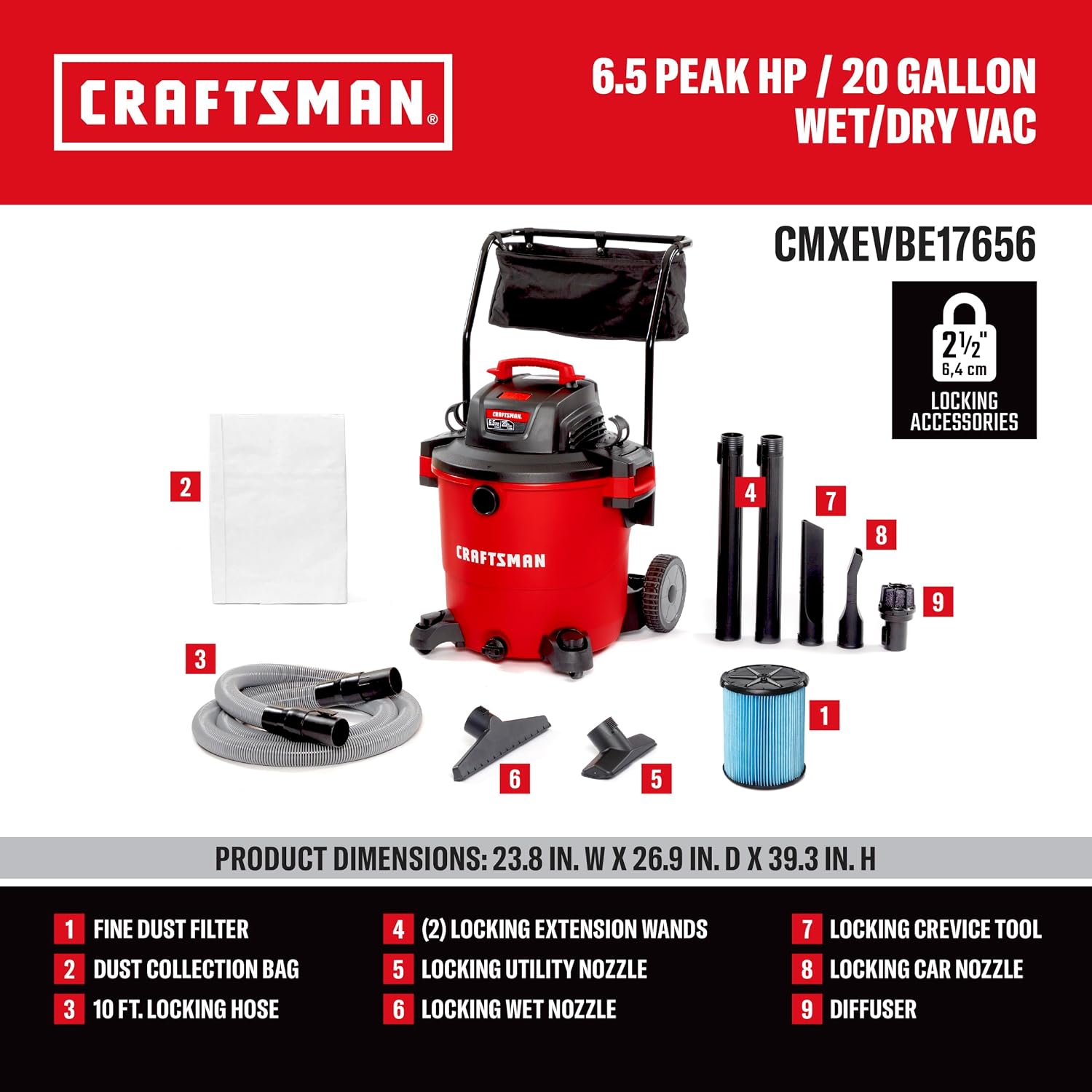 CRAFTSMAN CMXEVBE17656 20 Gallon 6.5 Peak HP Wet Dry Shop Vacuum with Cart