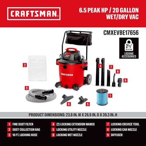 CRAFTSMAN CMXEVBE17656 20 Gallon 6.5 Peak HP Wet Dry Shop Vacuum with Cart