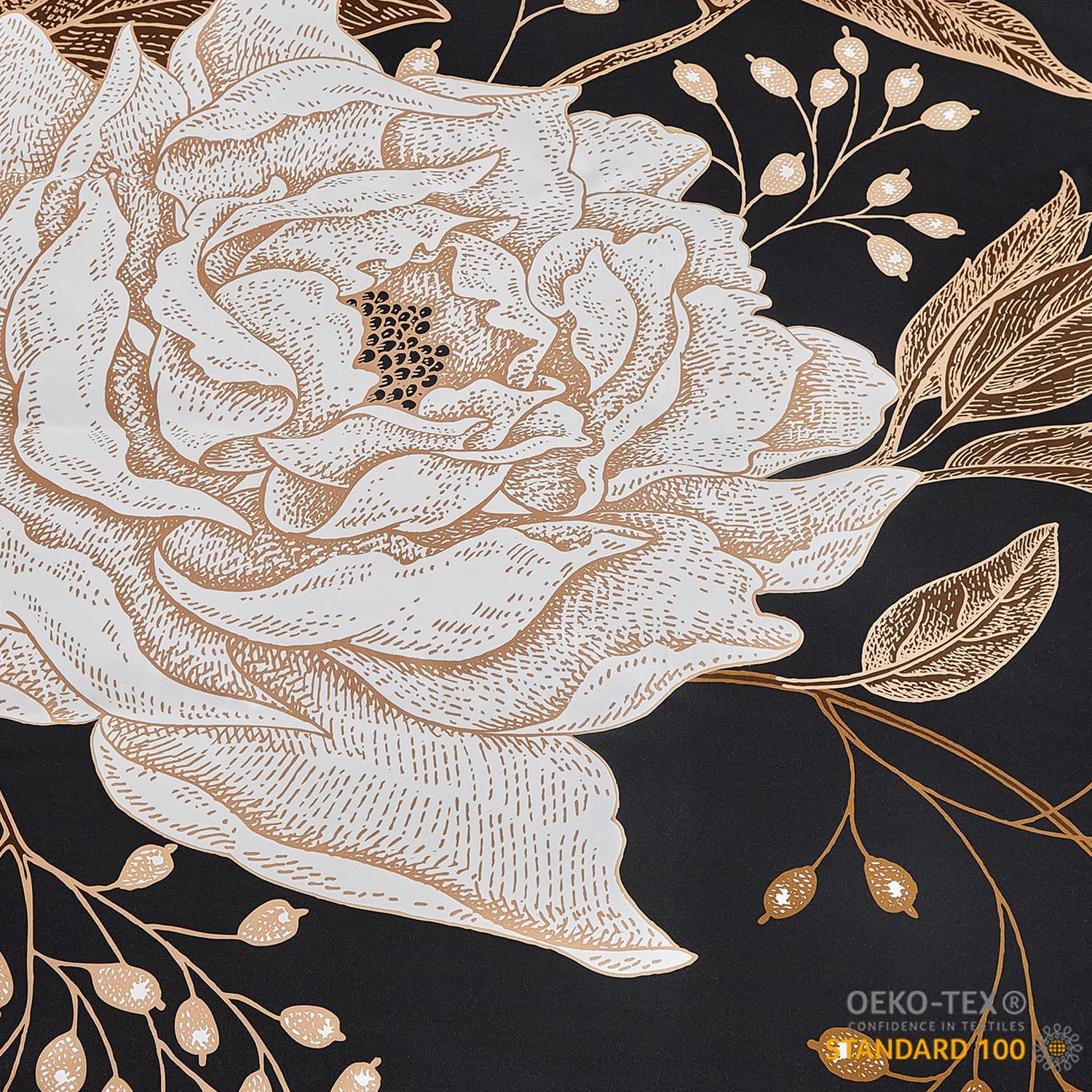 mixinni Floral Duvet Cover Queen Size, 3 Pieces White Flowers and Gold Leaves Printed on Black Bedding Set, Soft Premium Cotton Reversible Elegant Floral Duvet Cover Set for All Season-Queen Size
