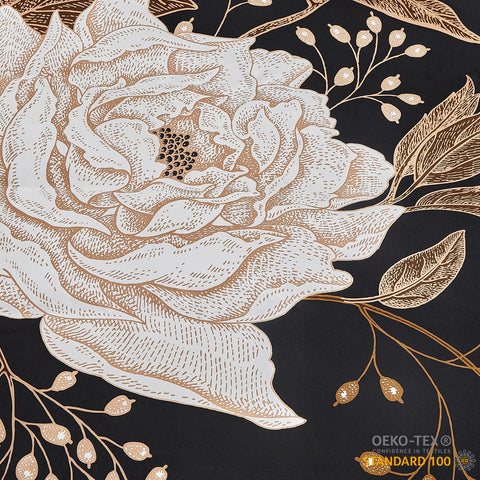 mixinni Floral Duvet Cover Queen Size, 3 Pieces White Flowers and Gold Leaves Printed on Black Bedding Set, Soft Premium Cotton Reversible Elegant Floral Duvet Cover Set for All Season-Queen Size