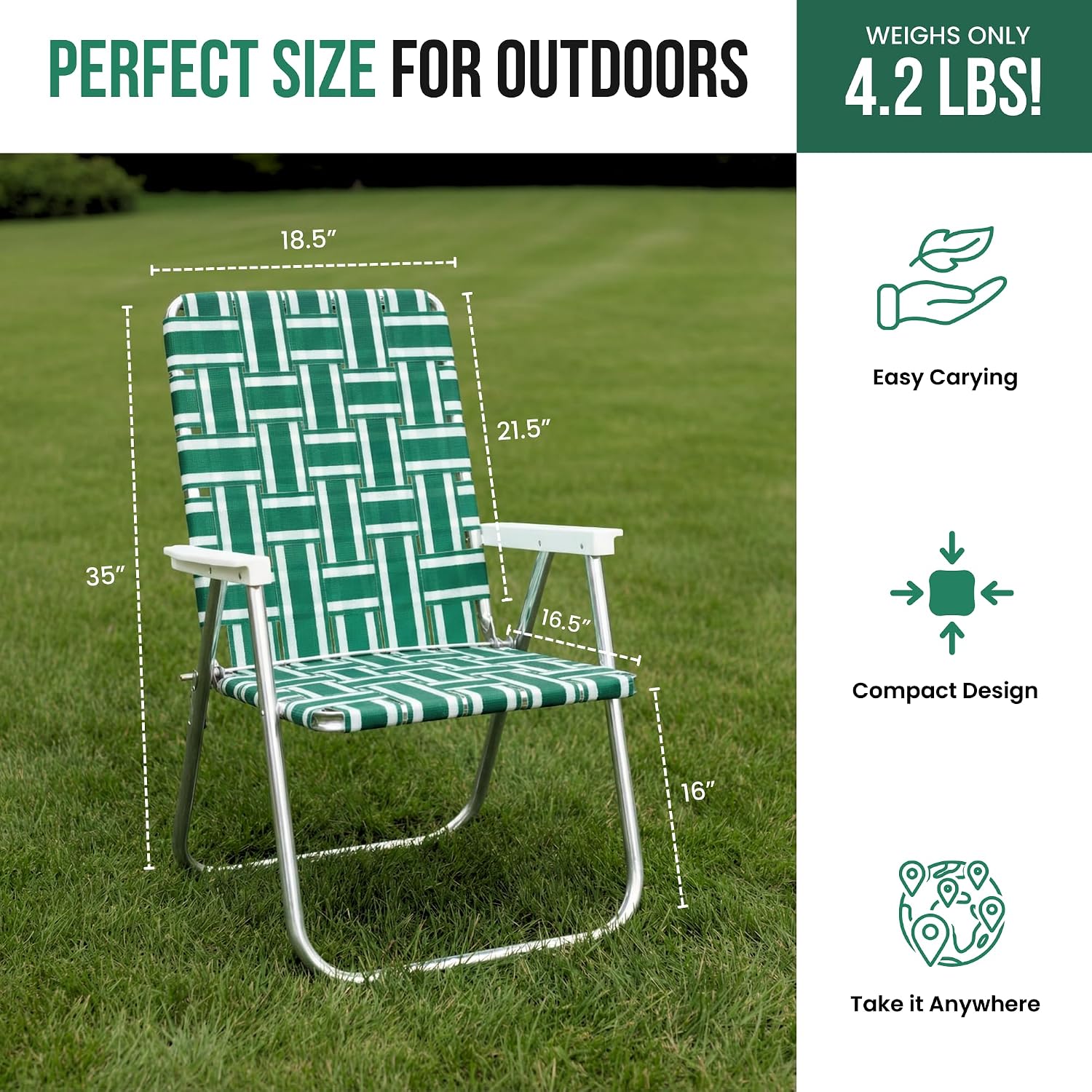 Lawn Chair USA Folding Aluminum Outdoor Patio Lawn Chair | Heavy-Duty Webbed Chairs for Camping, Sports, Beach, Yard & Tailgating | Lightweight Portable | Classic - Green and White with White Arms