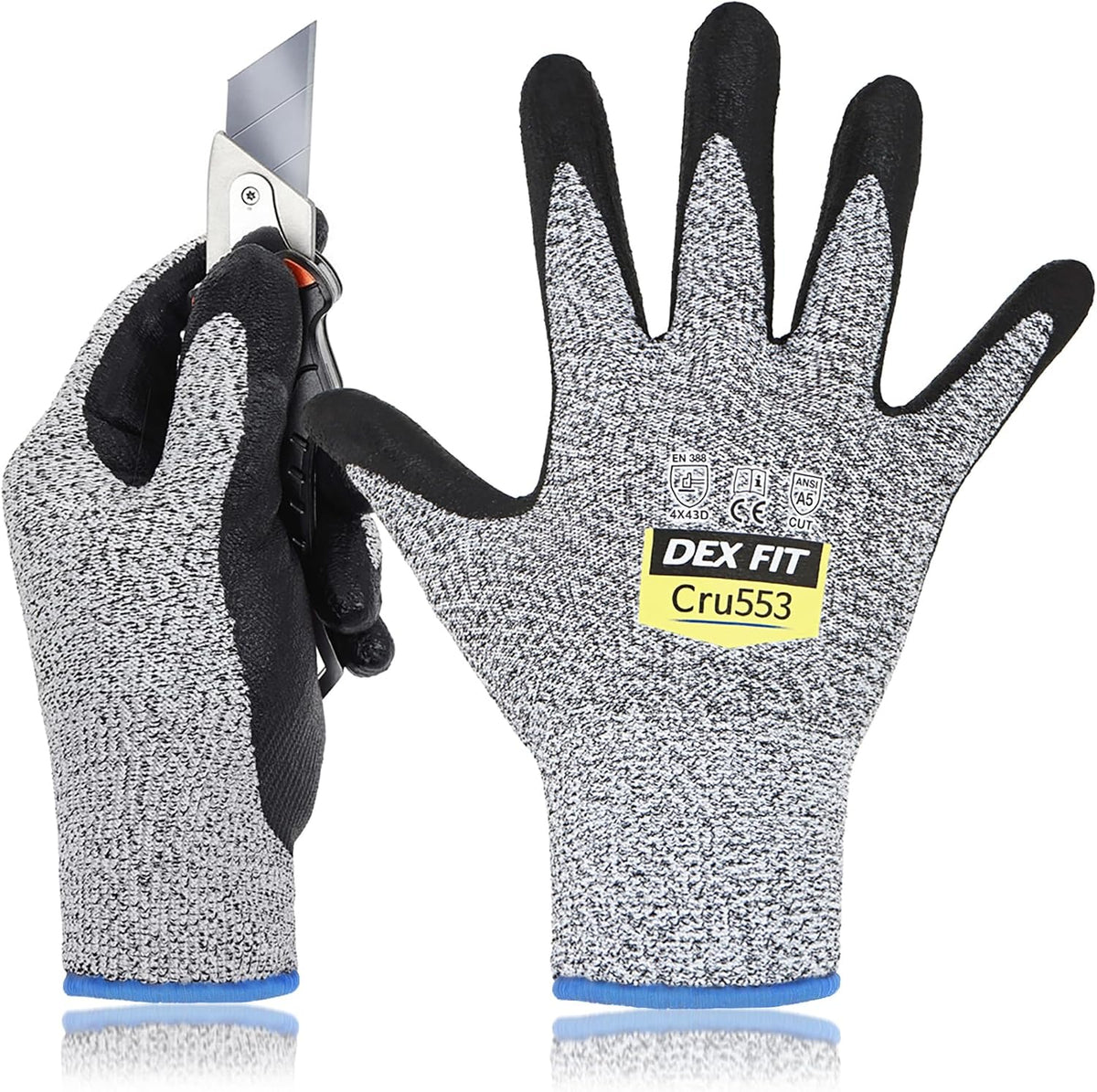 DEX FIT Level 5 Cut Resistant Gloves Cru553, 3D-Comfort Fit, Firm Grip, Thin & Lightweight, Touch-Screen Compatible, Durable, Breathable & Cool, Machine Washable; Grey L (9) 1 Pair