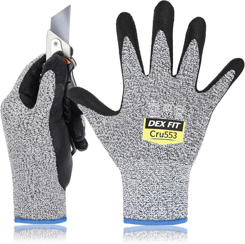 DEX FIT Level 5 Cut Resistant Gloves Cru553, 3D-Comfort Fit, Firm Grip, Thin & Lightweight, Touch-Screen Compatible, Durable, Breathable & Cool, Machine Washable; Grey L (9) 1 Pair