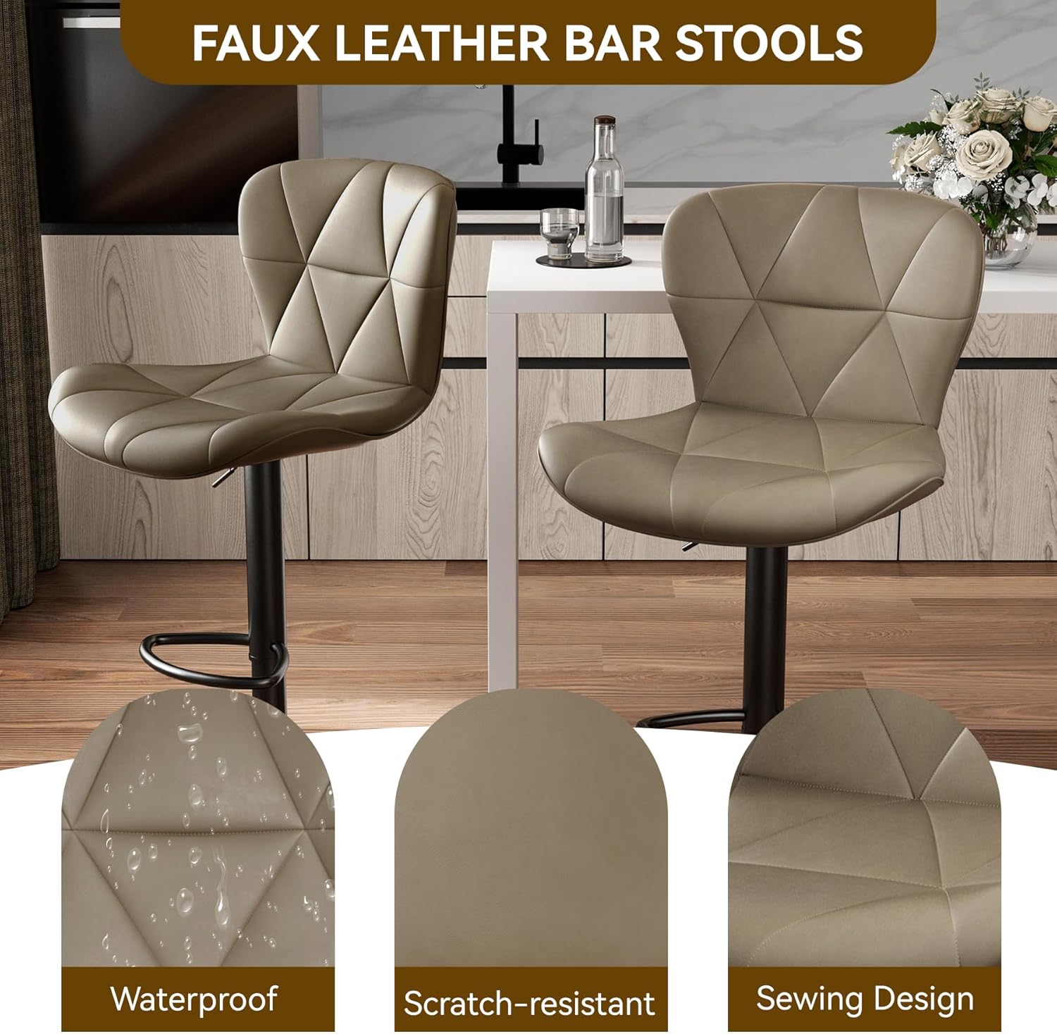 Nalupatio Modern Bar Stools Set of 3, Adjustable Faux Leather Upholstered Swivel Bar Stools, Counter Height Bar Chairs with Back for Kitchen Island, Dark Khaki