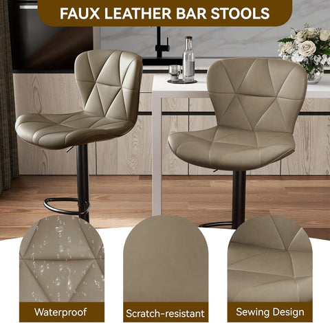 Nalupatio Modern Bar Stools Set of 3, Adjustable Faux Leather Upholstered Swivel Bar Stools, Counter Height Bar Chairs with Back for Kitchen Island, Dark Khaki