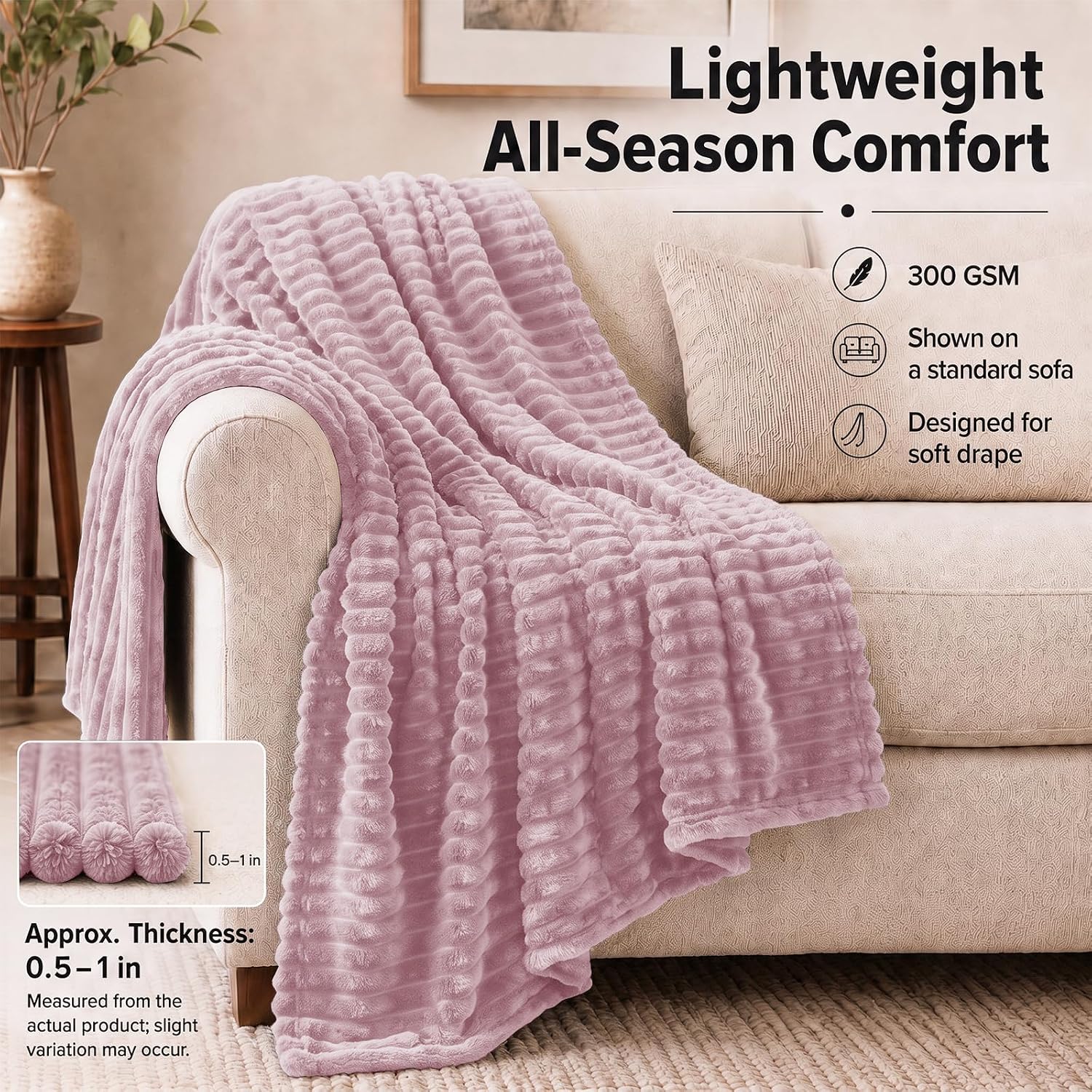 HIMEET Dusty Pink Full Blanket for Bed, 300GSM Ribbed Fleece, 84 x 90 in