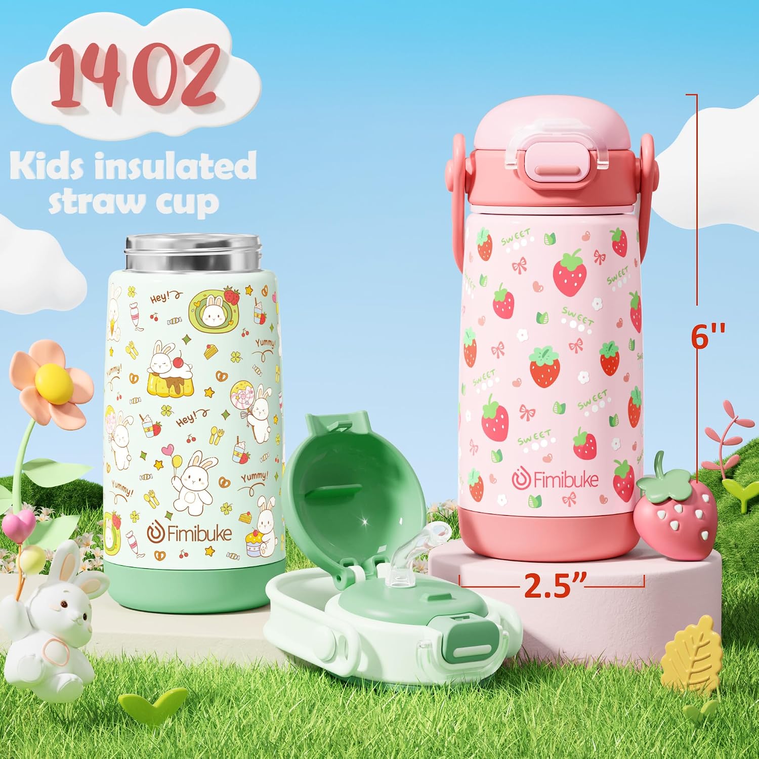 Fimibuke 14oz Kids Water Bottle, 18/8 Stainless Steel Insulated Toddler Cup