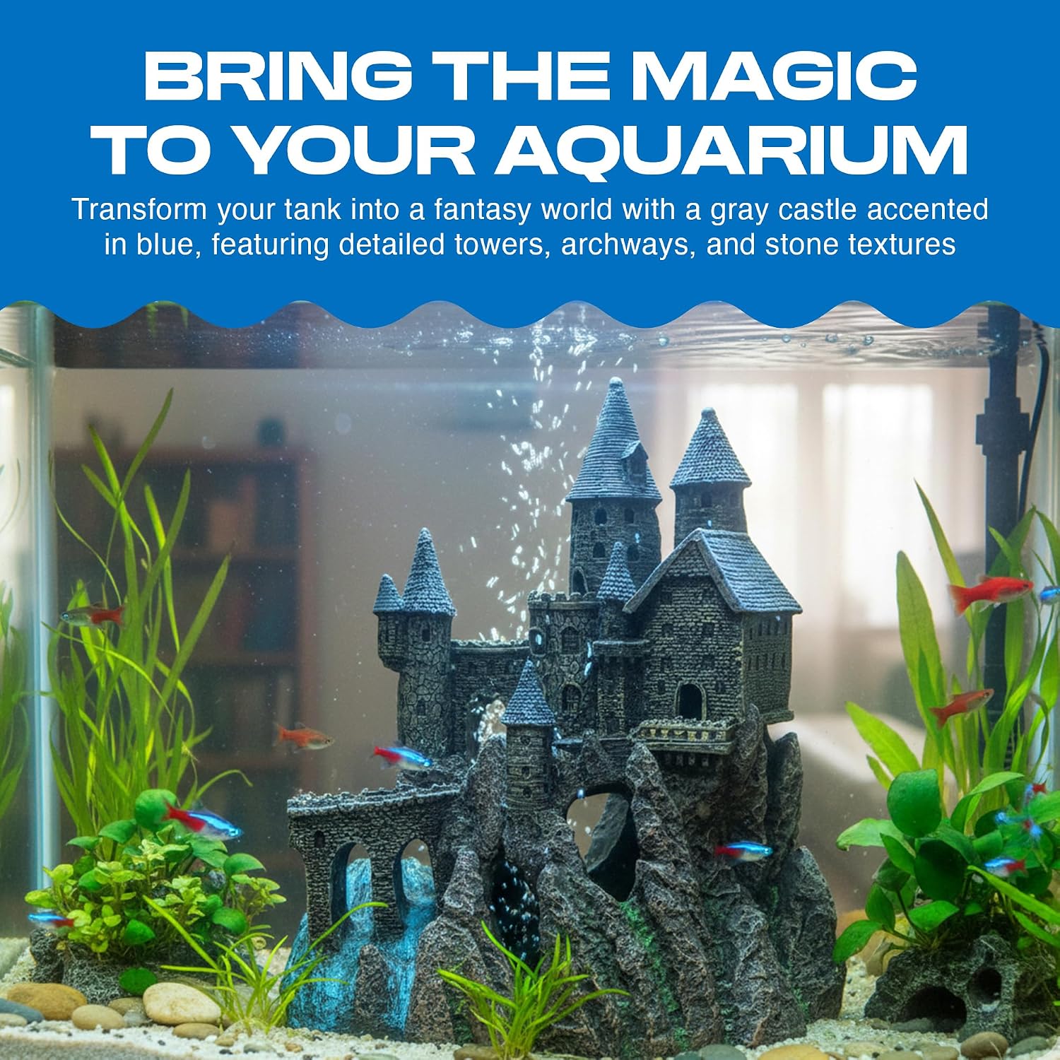 Penn-Plax Deco-Replicas Age-of-Magic Wizard’s Castle Part B Aquarium Decoration - Durable Hand-Painted Resin with Swim Holes & Hideouts - Safe for Freshwater & Saltwater Tanks - Gray, 13 x 9 x 15.5 In