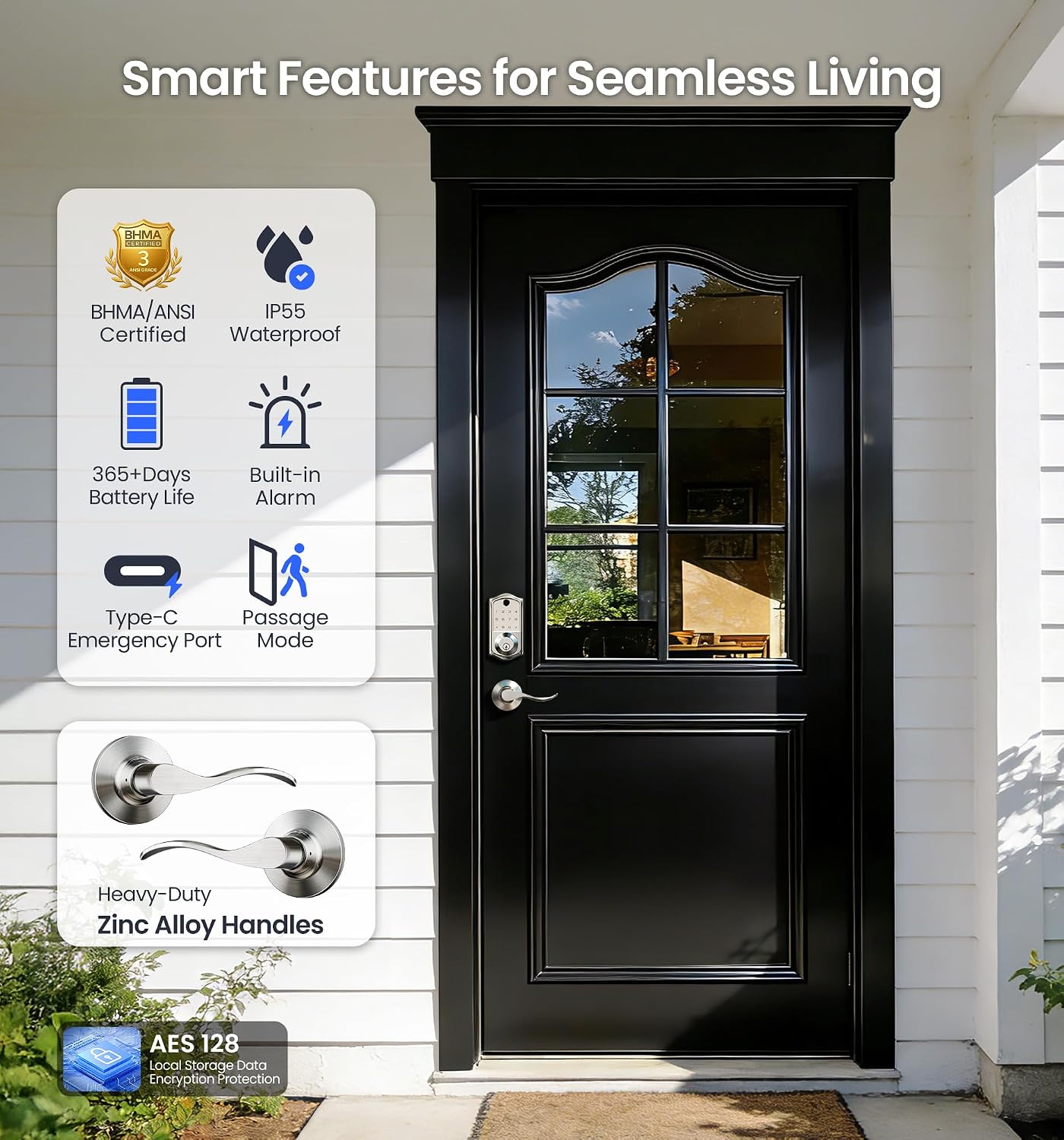 Veise VE017-L Fingerprint Smart Lock with 2 Lever Handle Set, Satin Nickel