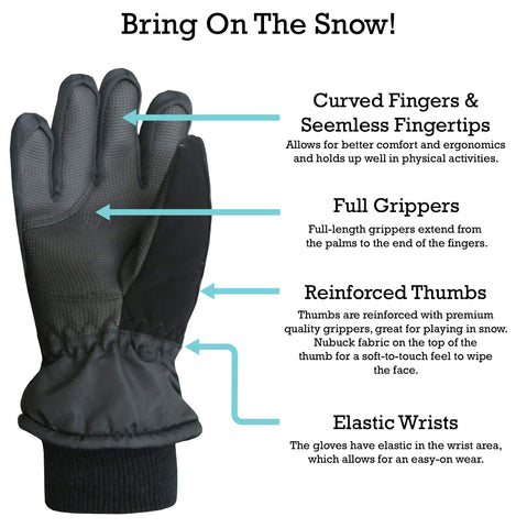 N'Ice Caps Kids Waterproof Winter Thinsulate Warm Gloves (Black, 7-8 Years)