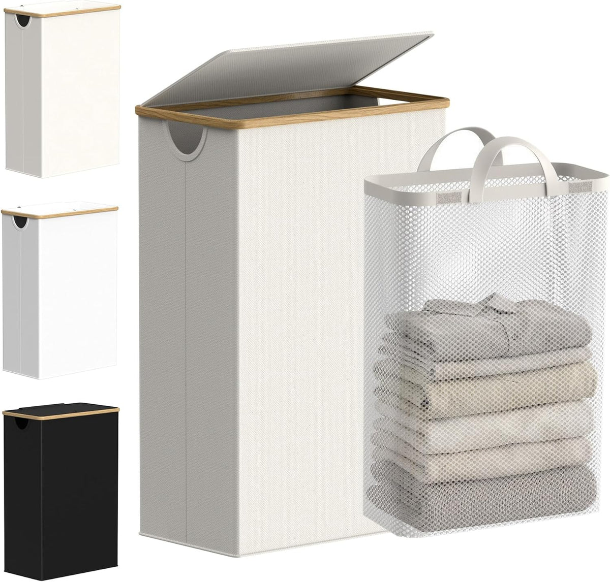 efluky Slim Laundry Basket with Lid, Narrow Laundry Hamper with Removable Bag, Skinny Dirty Clothes Basket with Bamboo Handles for Bathroom, Bedroom & Laundry Room, 75L Beige