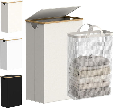 efluky Slim Laundry Basket with Lid, Narrow Laundry Hamper with Removable Bag, Skinny Dirty Clothes Basket with Bamboo Handles for Bathroom, Bedroom & Laundry Room, 75L Beige