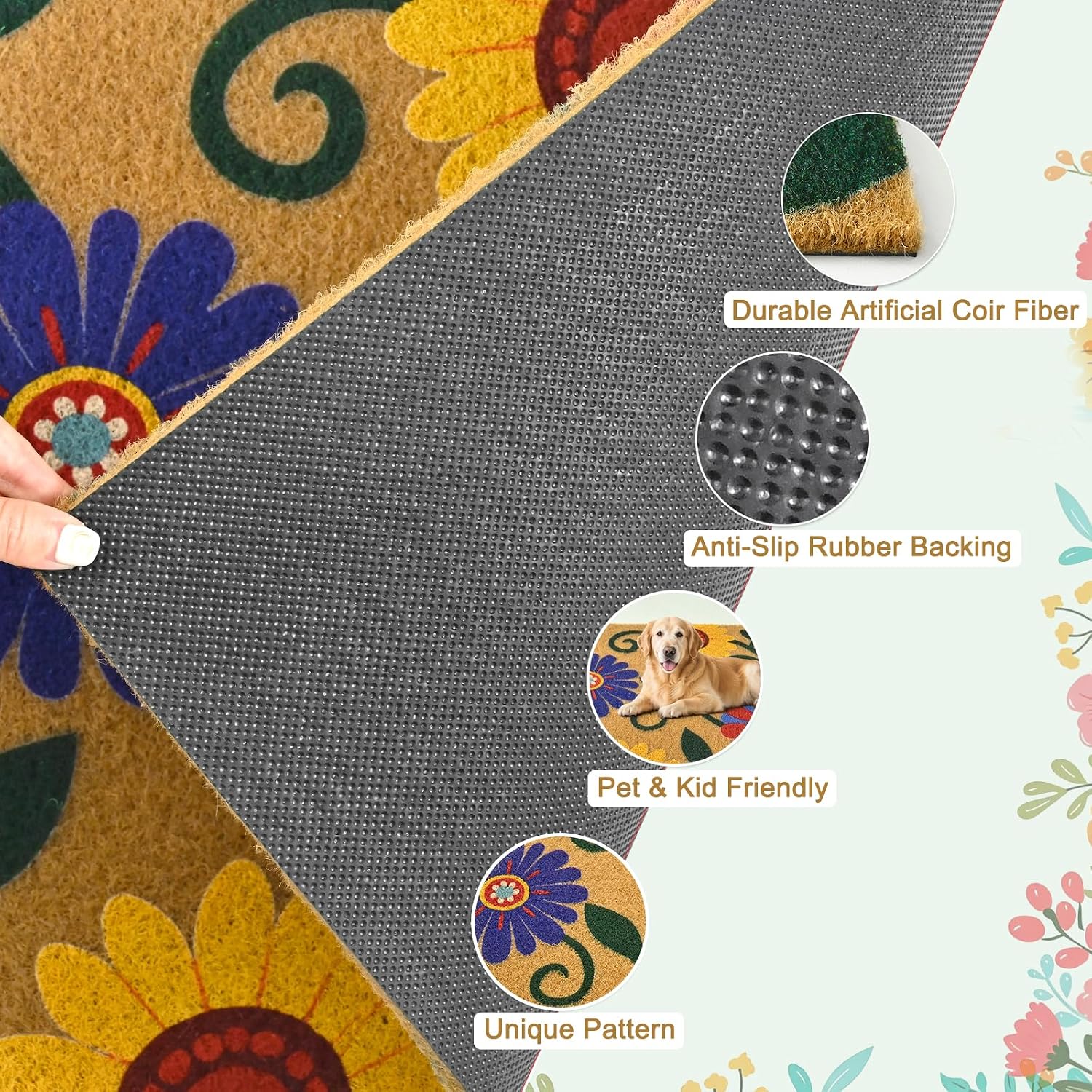 Daisy Floral Front Door Mat Non-Slip Welcome Doormat, 17x29 in