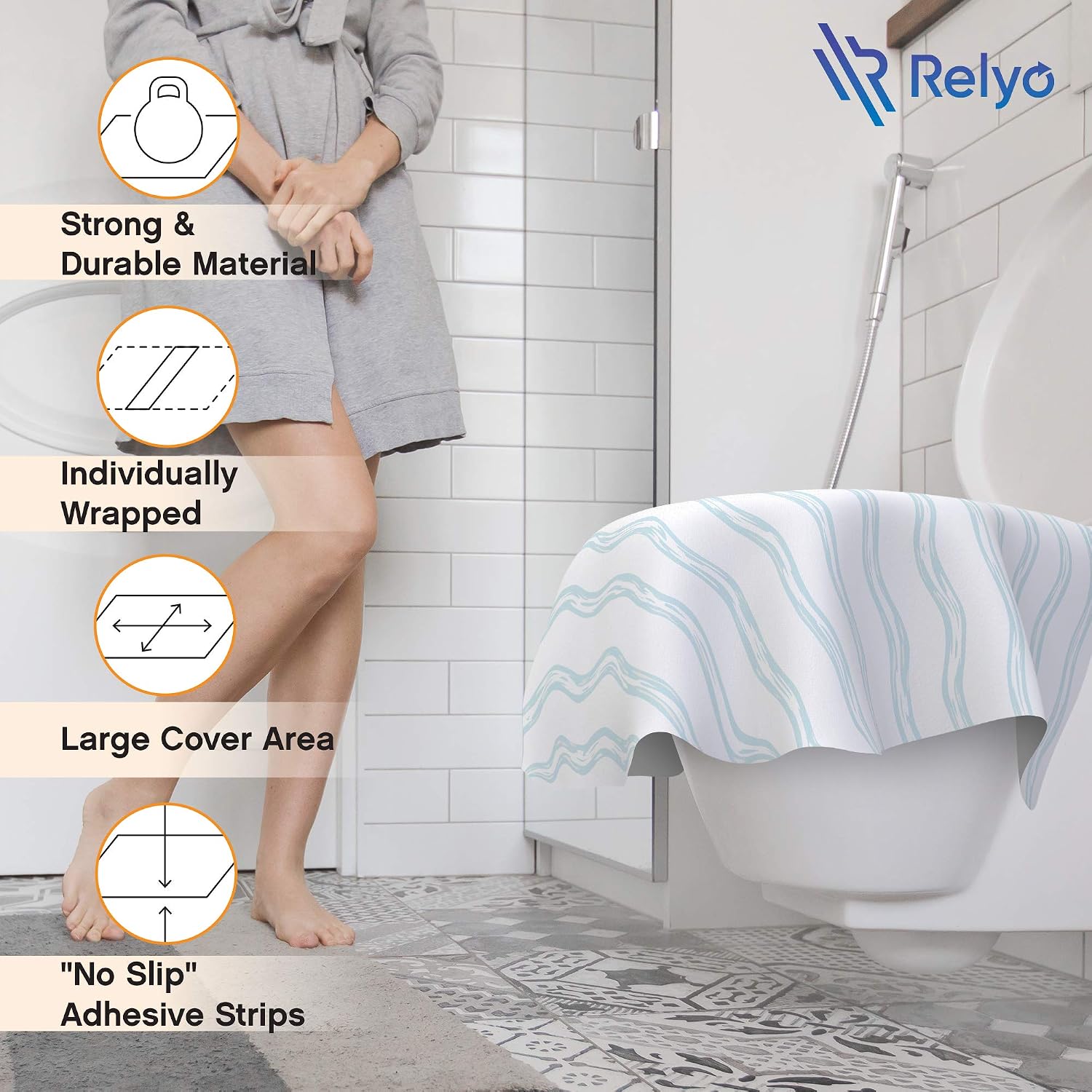 Relyo Disposable Toilet Seat Cover for Travel – 20 Pack with Covers Wrapped in Sets of 2, Non-Flushable Liners, Fits Most Seats – Kids, Toddlers, Adults (Waves, 20)