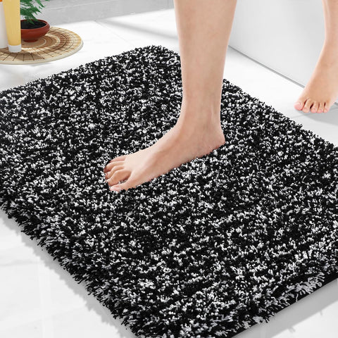Yimobra Black and White Bathroom Rugs Non Slip Washable, Ultra Soft and Water Absorbent Bath Mats, Plush Fluffy Shower Mat Outside, Microfiber Thick Matts for Bathroom Floor/Sink, 24x17