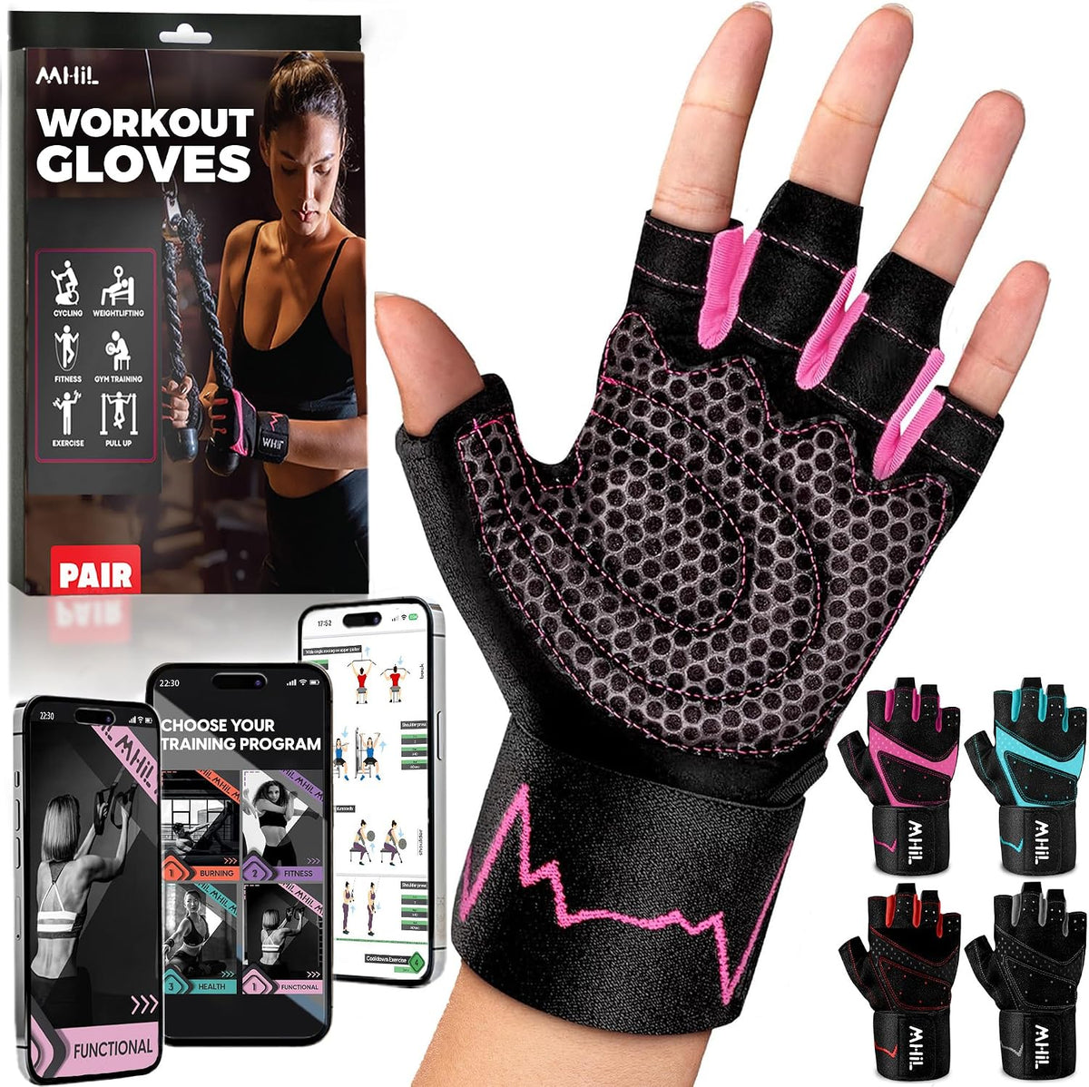 MhIL Workout Gloves for Women – Breathable Gym Gloves for Women with Palm Protection and Enhanced Grip – Padded Weight Lifting Glove for Womens with Wrist Wraps Support Weightlifting Exercise Cycling