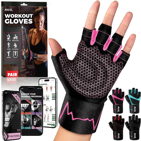 MhIL Workout Gloves for Women – Breathable Gym Gloves for Women with Palm Protection and Enhanced Grip – Padded Weight Lifting Glove for Womens with Wrist Wraps Support Weightlifting Exercise Cycling