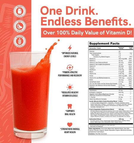 Cardio Miracle Nitric Oxide Supplement 30-Pack Stick - Beet Root Powder with L-Arginine to Support Circulation, Blood Flow, Energy, Endurance, Stamina & Heart Health for Men and Women