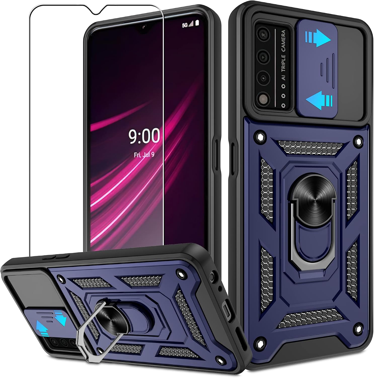 ATUMP for T-Mobile Revvl V Plus 5G Case with HD Screen Protector with Slide Camera Cover, 360° Rotation Ring Kickstand [Military Grade] Protective Case for T-Mobile Revvl V Plus 5G,Blue