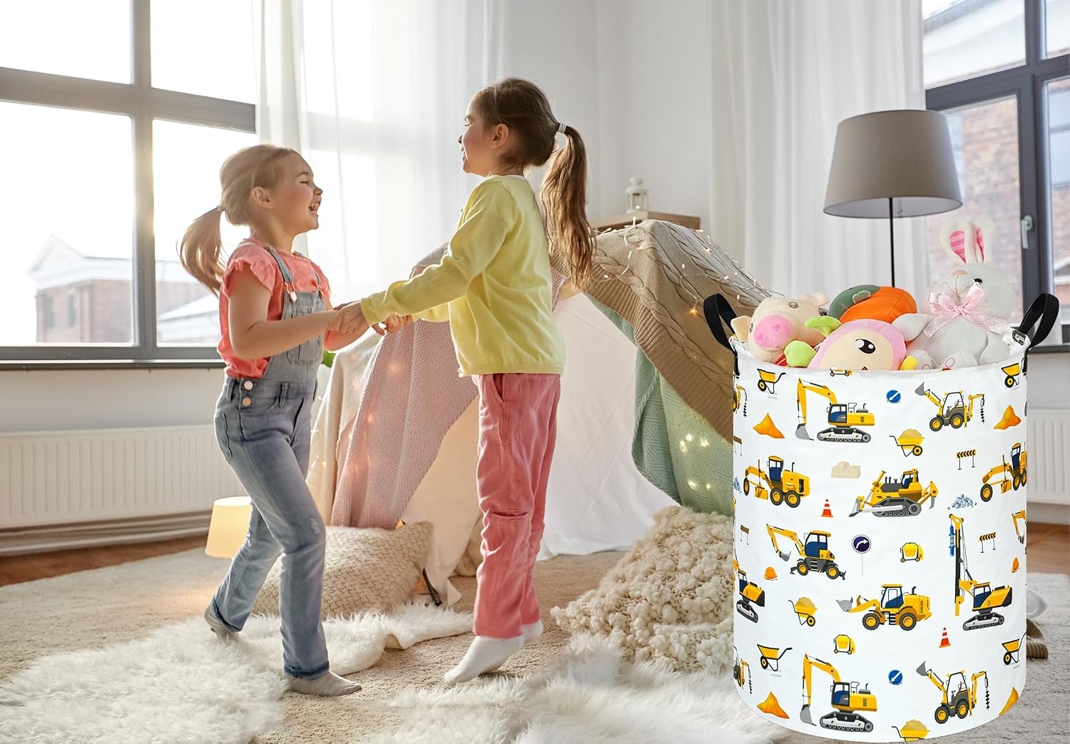 Kids Laundry Hamper Storage Basket Laundry Organizer Hamper Storage Bins Clothes Box Nursery Hamper Gift Basket with Handles(Excavator)