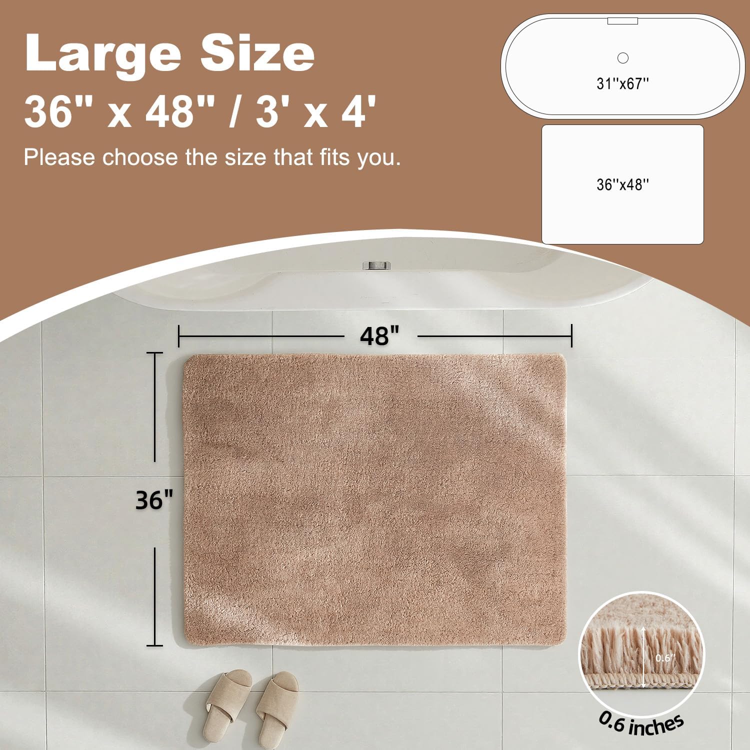 TYUU Large Bathroom Rugs, Ultra Soft Super Absorbent Bath Rugs Non Slip Washable Quick Dry Bath Mat with Rubber Backing for Bathroom Floor, Shower, or Sink, Beige 3' x 4'