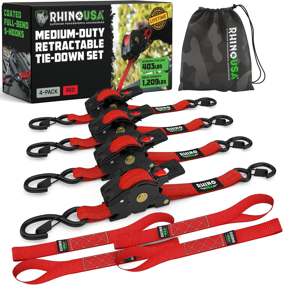 Rhino USA Retractable Ratchet Straps (4-Pack) - 1in x 10ft, Red