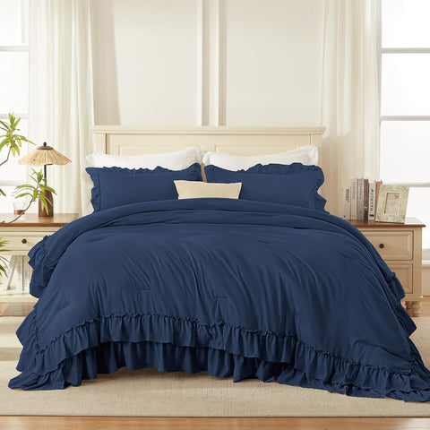 Andency Navy Blue Twin Size Ruffle Comforter Set, 2 Pieces
